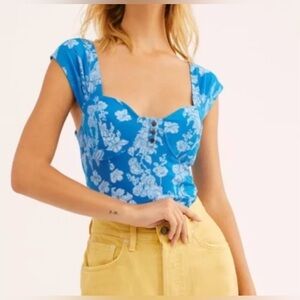 Free People Women’s Blue Floral Sweetheart Neck Bustier Vanessa Tank Top Size M